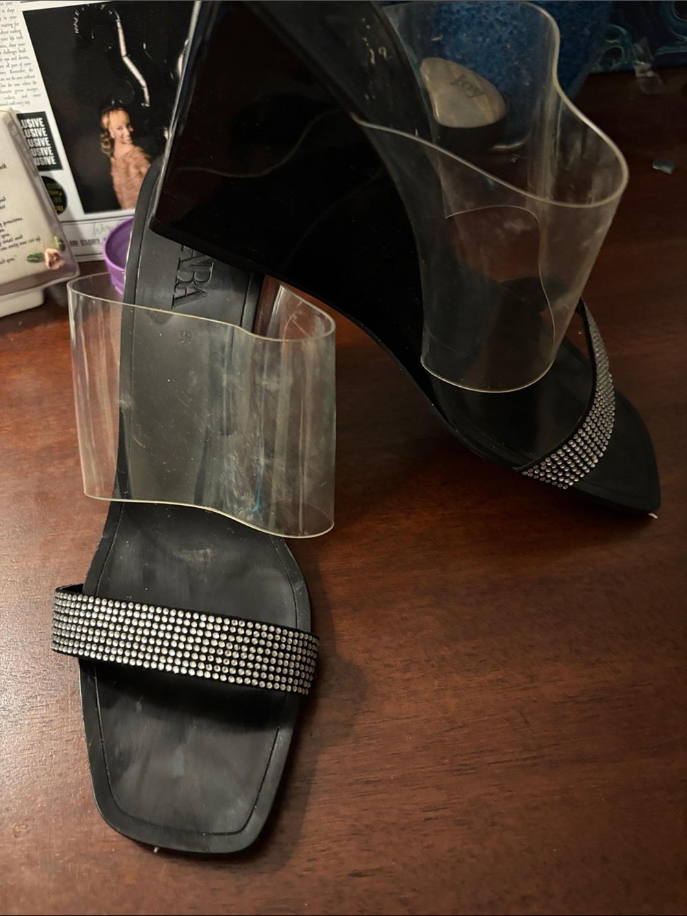 Zara Clear Strap Black Sandals with Rhinestone Accent